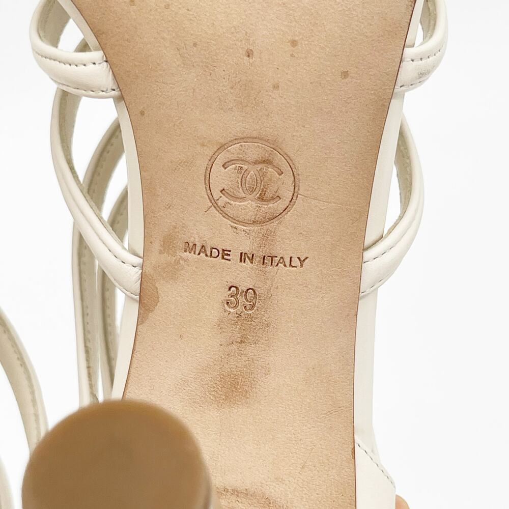 Chanel Ivory Leather Caged Coco Tower Chain Link Heel Ankle Zip Sandals EU 39 - Picture 10 of 12